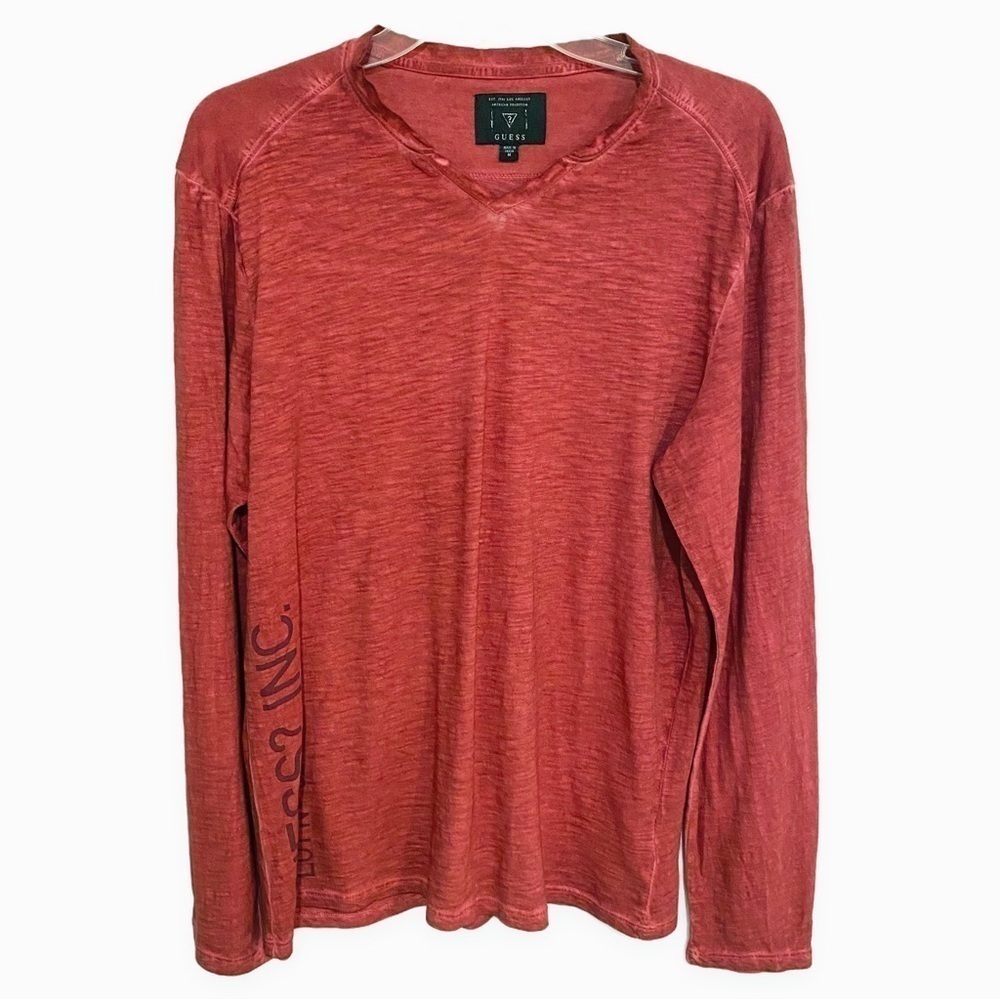Guess | Cotton Long Sleeve Tee Red V Neck Size Medium